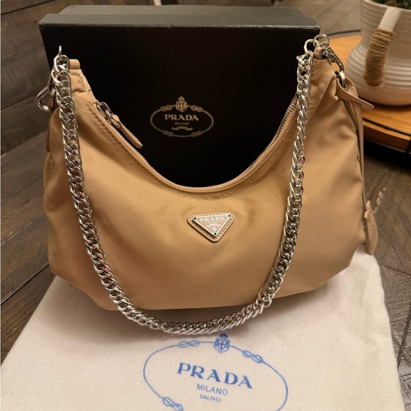 Prada Beige Shoulder Bag with Silver Chain, New - Picture 7 of 17